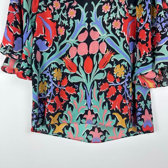 Maeve Folkart Kimono Silk Blouse Keyhole Back Bell Sleeves Sheer Womens Size 0 - Picture 6 of 13